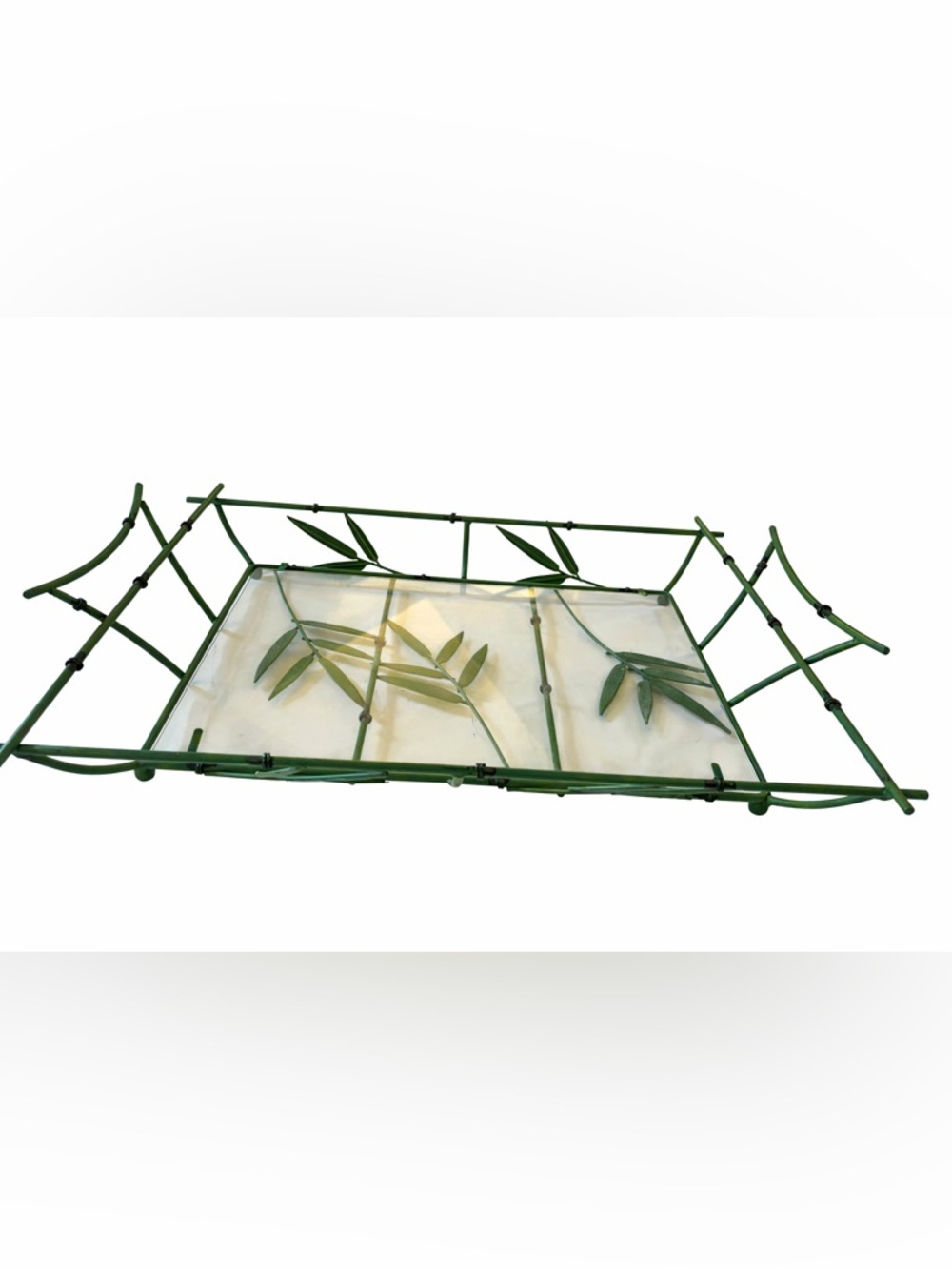 Vintage Hollywood Regency Large Bamboo Pagoda-Style Green Metal & Glass Tray